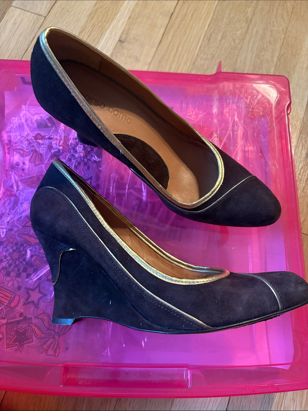 Black Suede Wedge Pumps with Gold Trim - Women's Dress Wedges
